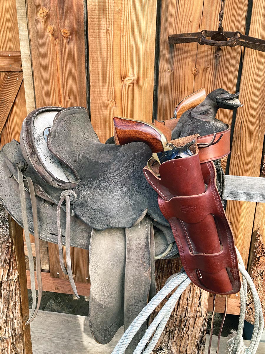 A couple of plow handle colts on an old saddle. Belt guns are belt guns until they are strapped to a horse. Then they are horse pistols.